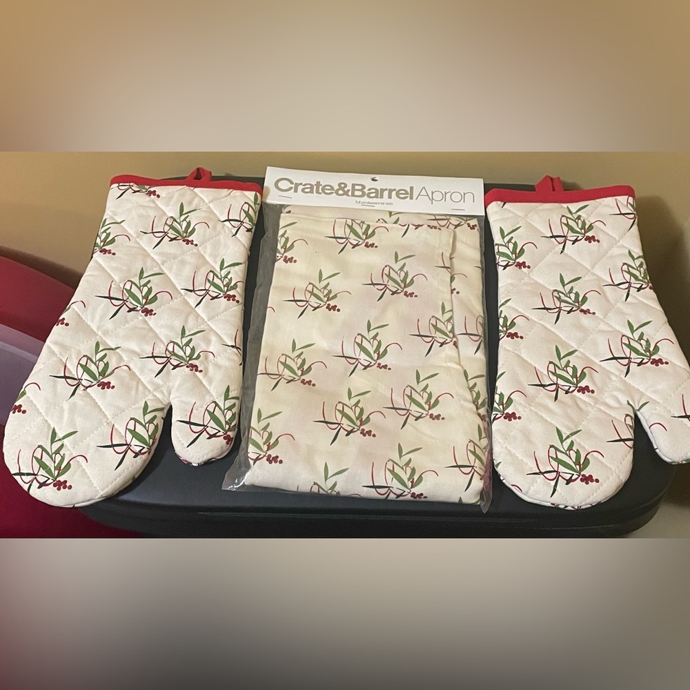 Crate and Barrel Holiday Apron and Oven Mitt set never used apron in orig pkg.